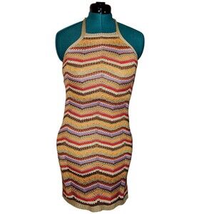 SO Goods For Life Multicolor Chevron Knit Sleeveless Halter Dress Tie Back Small